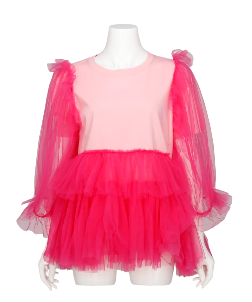TULLE LAYERED PUFF SLEEVE T SHIRT