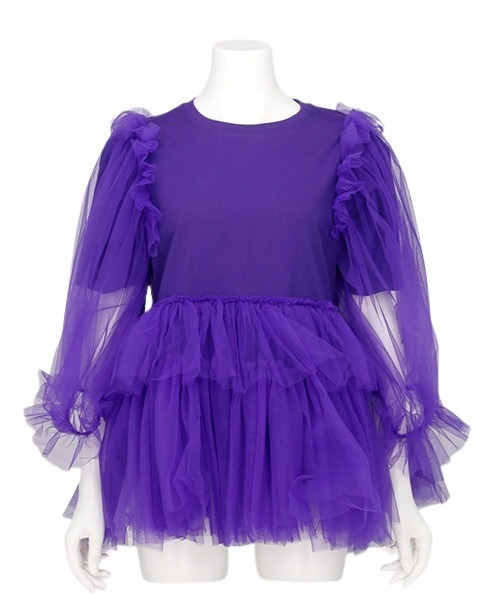 TULLE LAYERED PUFF SLEEVE T SHIRT