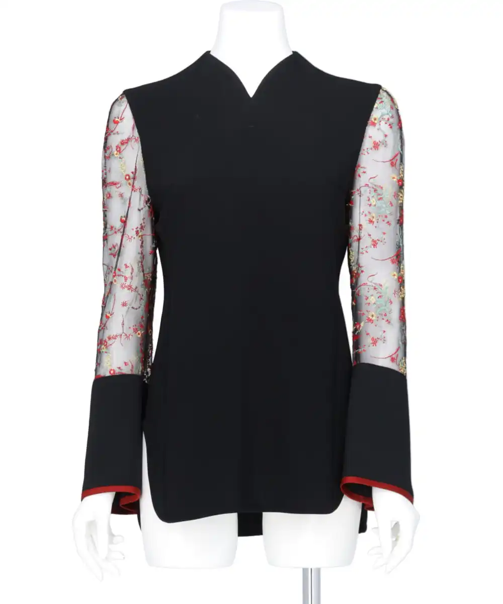 ACETATE POLYESTER FLORAL LACE-SLEEVE SHIRT