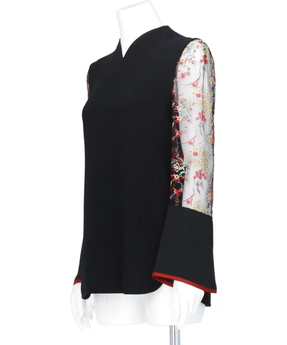 ACETATE POLYESTER FLORAL LACE-SLEEVE SHIRT