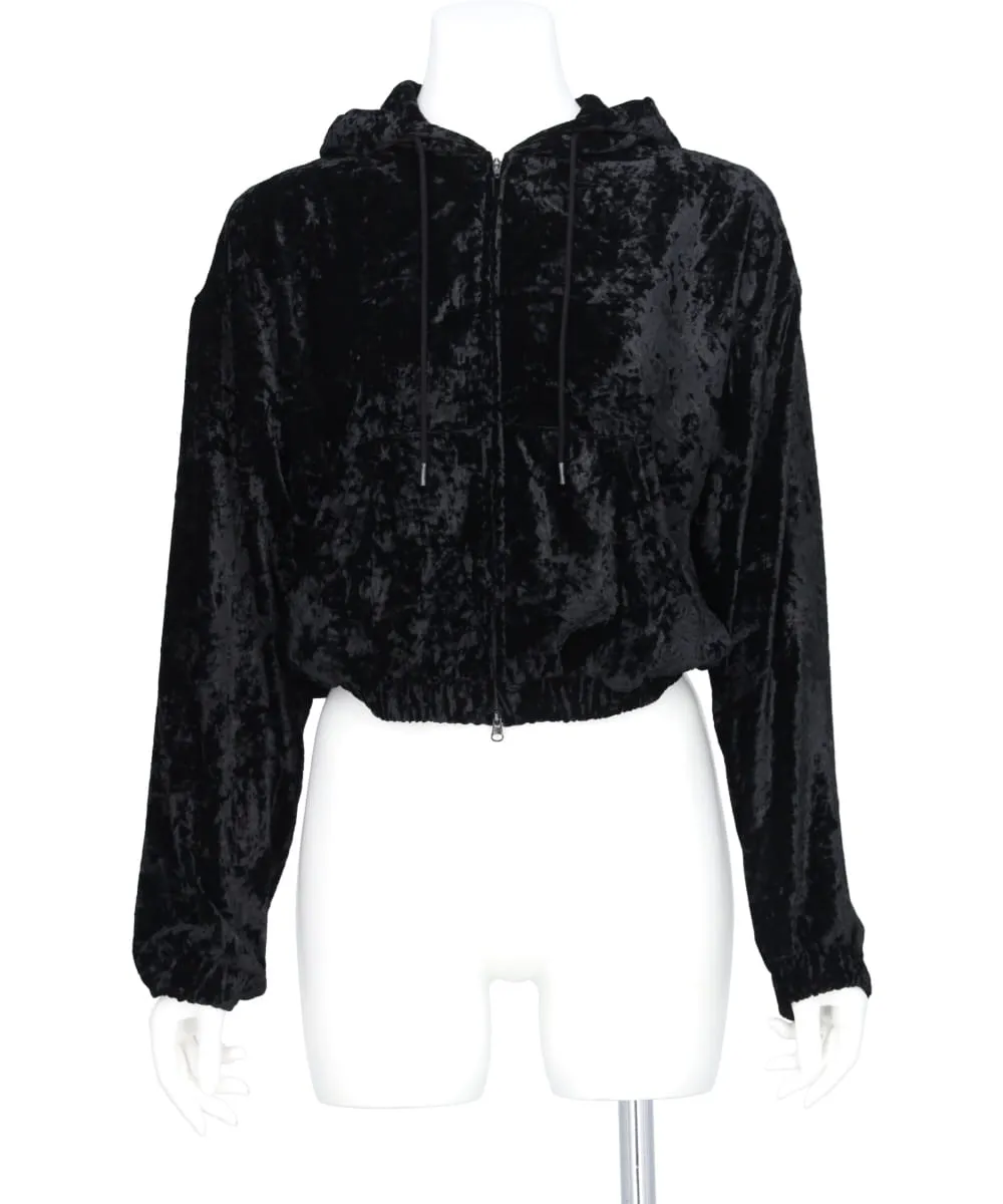 CRUSHED VELVET ZIP-UP CROPPED HOODIE