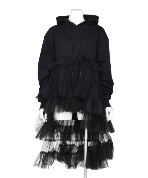 ASYMMETRIC TULLE TRIMMED HOODIE