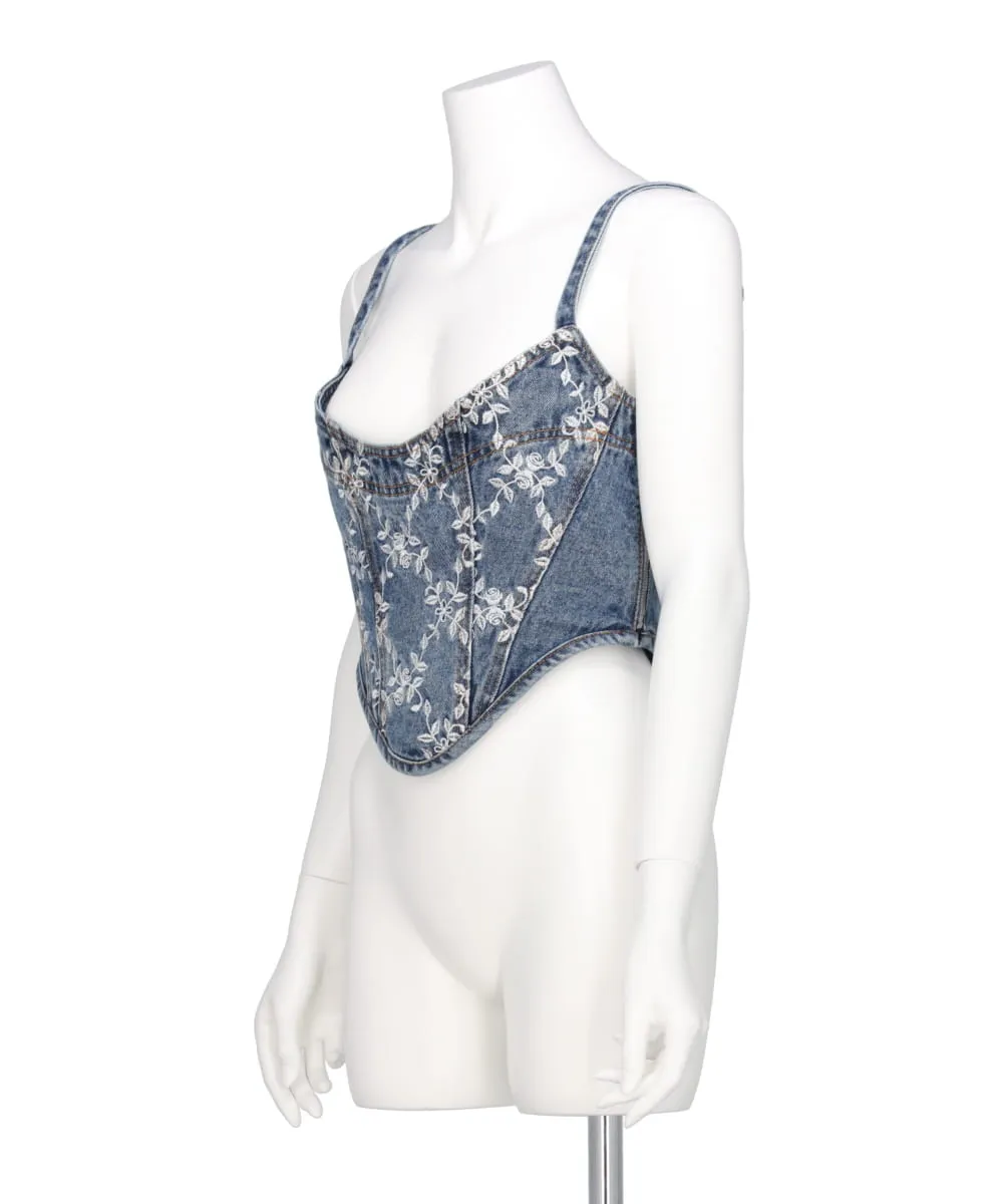 FLOWER EMBROIDERED DENIM BUSTIER