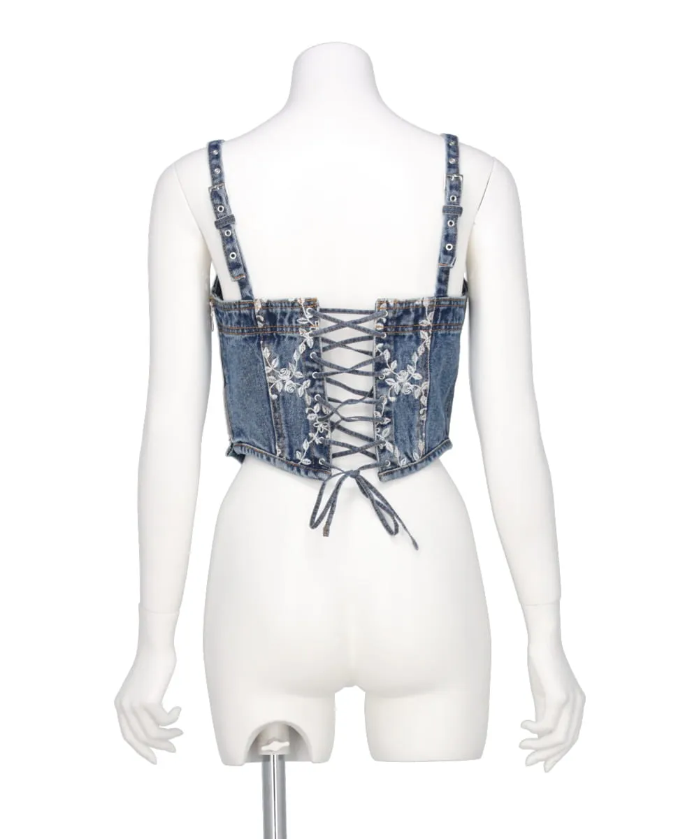 FLOWER EMBROIDERED DENIM BUSTIER