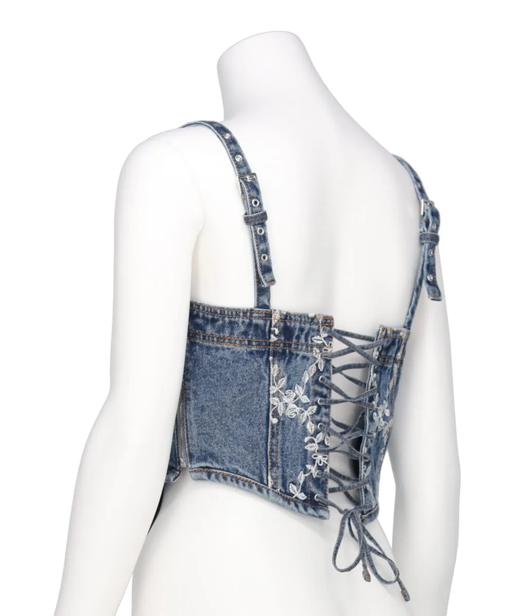 FLOWER EMBROIDERED DENIM BUSTIER