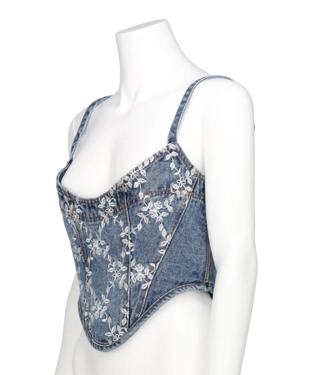 FLOWER EMBROIDERED DENIM BUSTIER