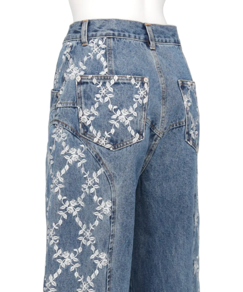 FLOWER EMBROIDERED WIDE JEANS