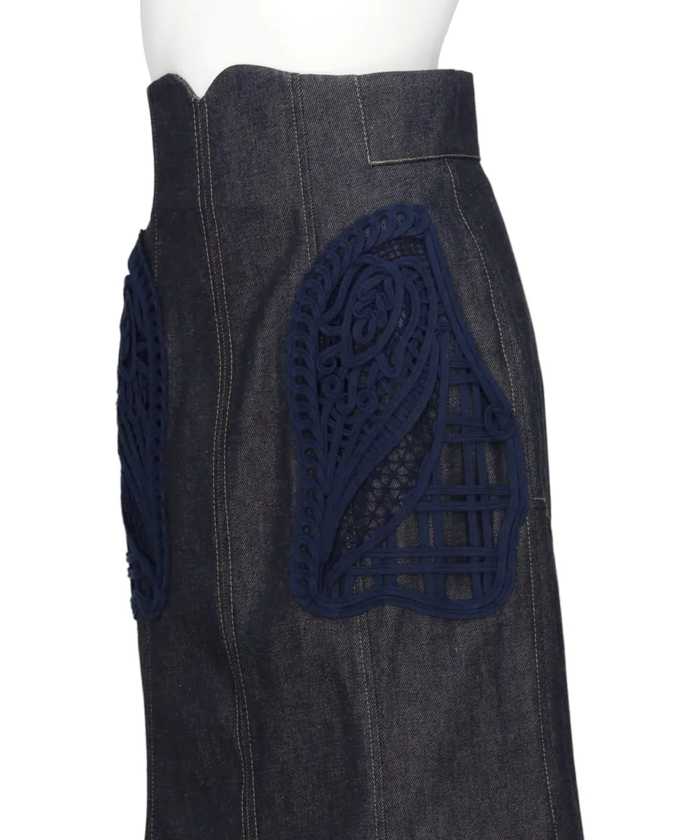 CORD EMBROIDERY DETAIL DENIM SKIRT