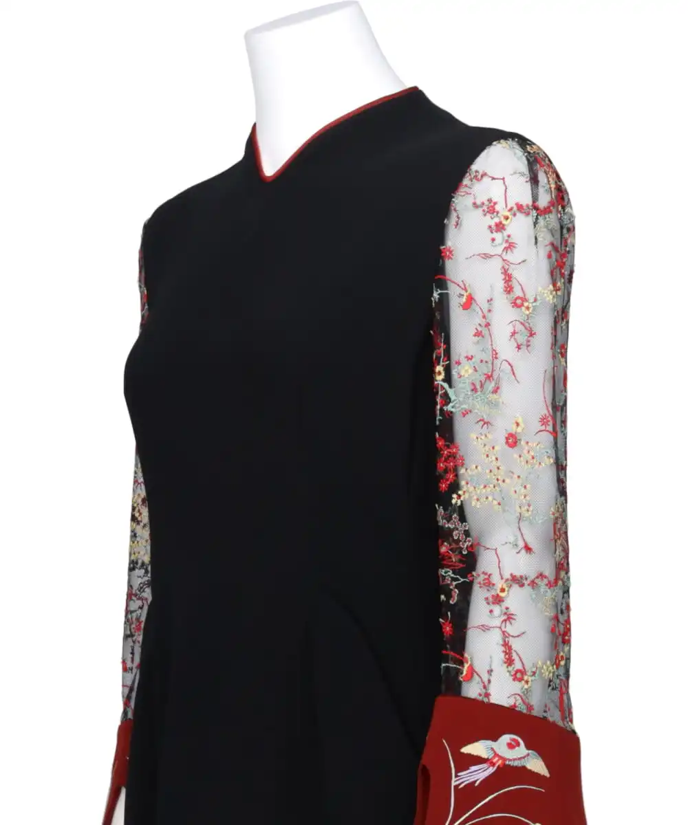 ACETATE POLYESTER FLORAL LACE-SLEEVE DRESS