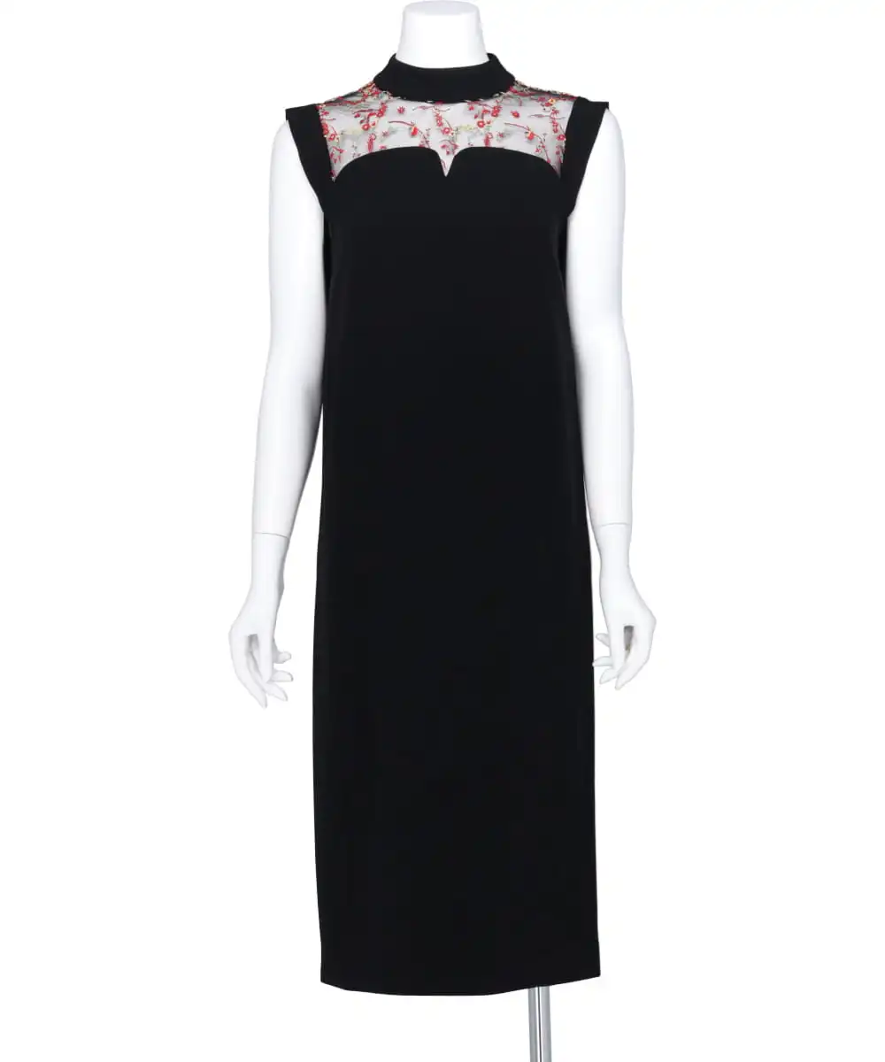 ACETATE POLYESTER FLORAL LACE-COLLAR SLEEVELESS DRESS