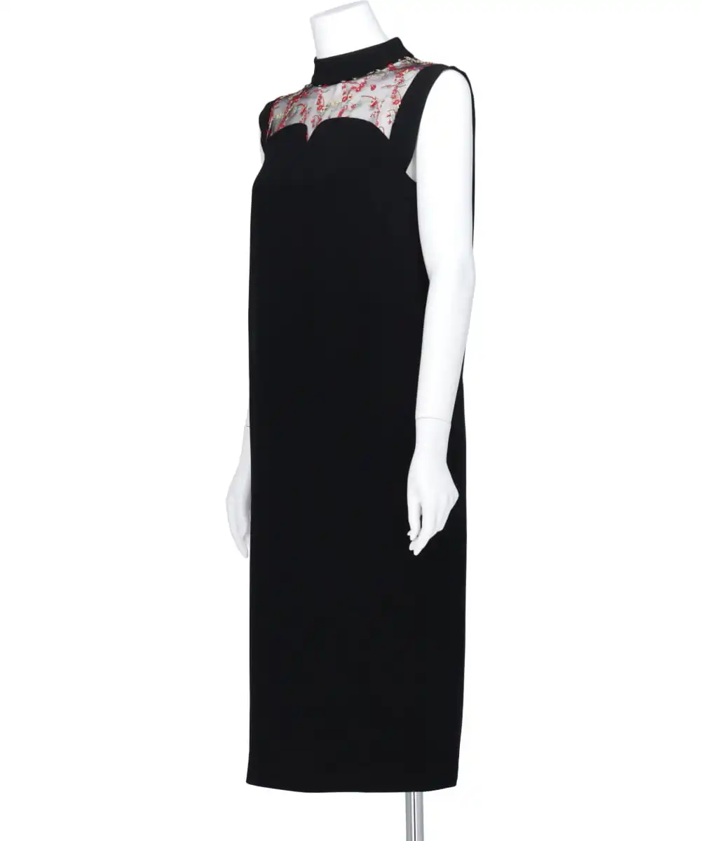 ACETATE POLYESTER FLORAL LACE-COLLAR SLEEVELESS DRESS