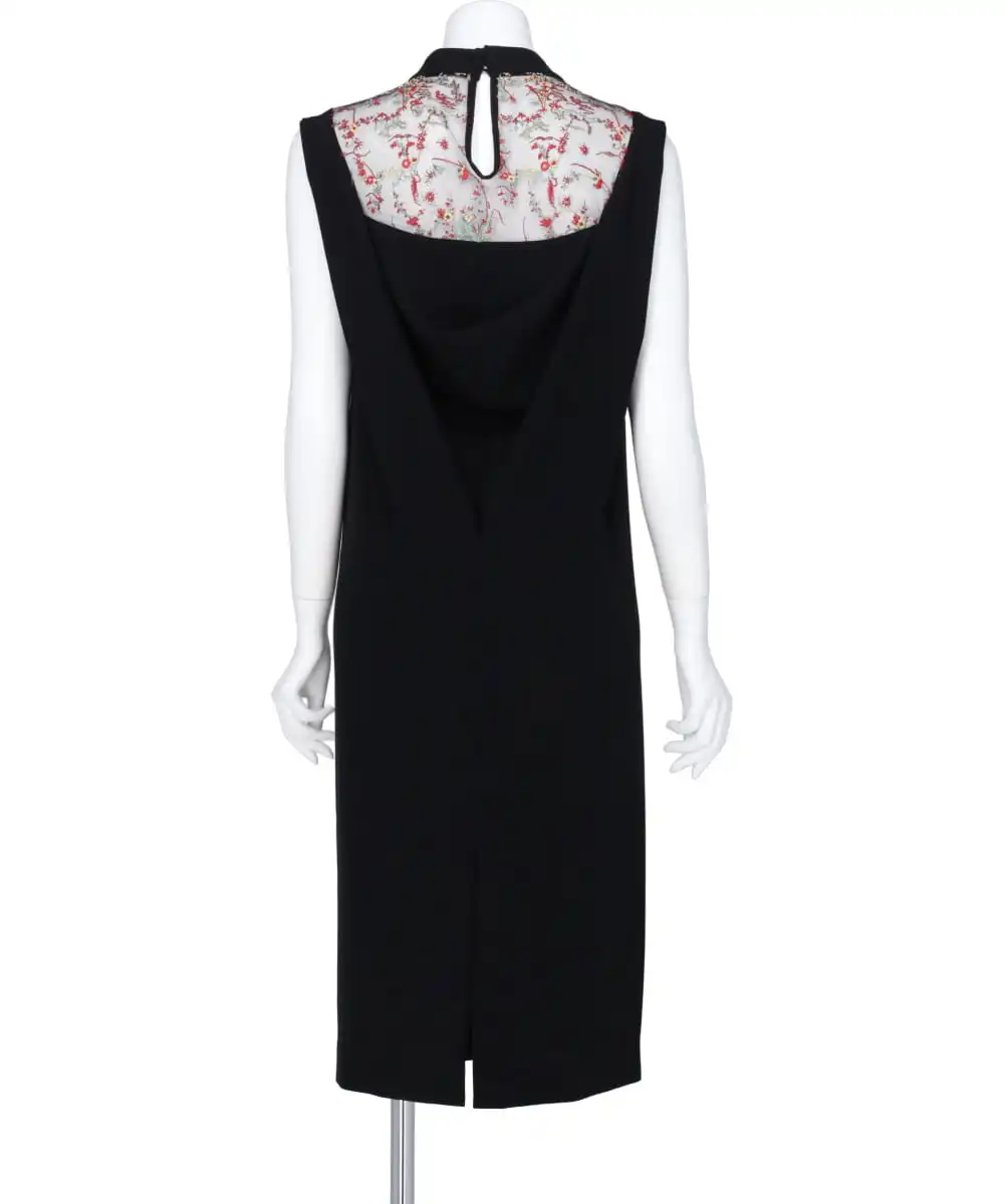 ACETATE POLYESTER FLORAL LACE-COLLAR SLEEVELESS DRESS