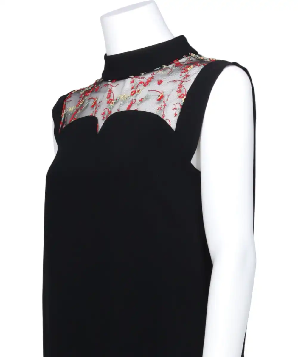 ACETATE POLYESTER FLORAL LACE-COLLAR SLEEVELESS DRESS