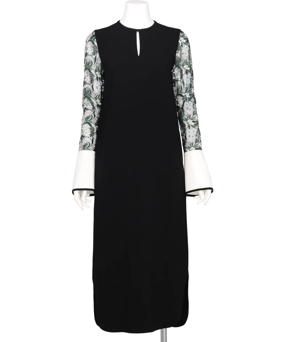 FLORAL LACE-SLEEVE CLASSIC DRESS