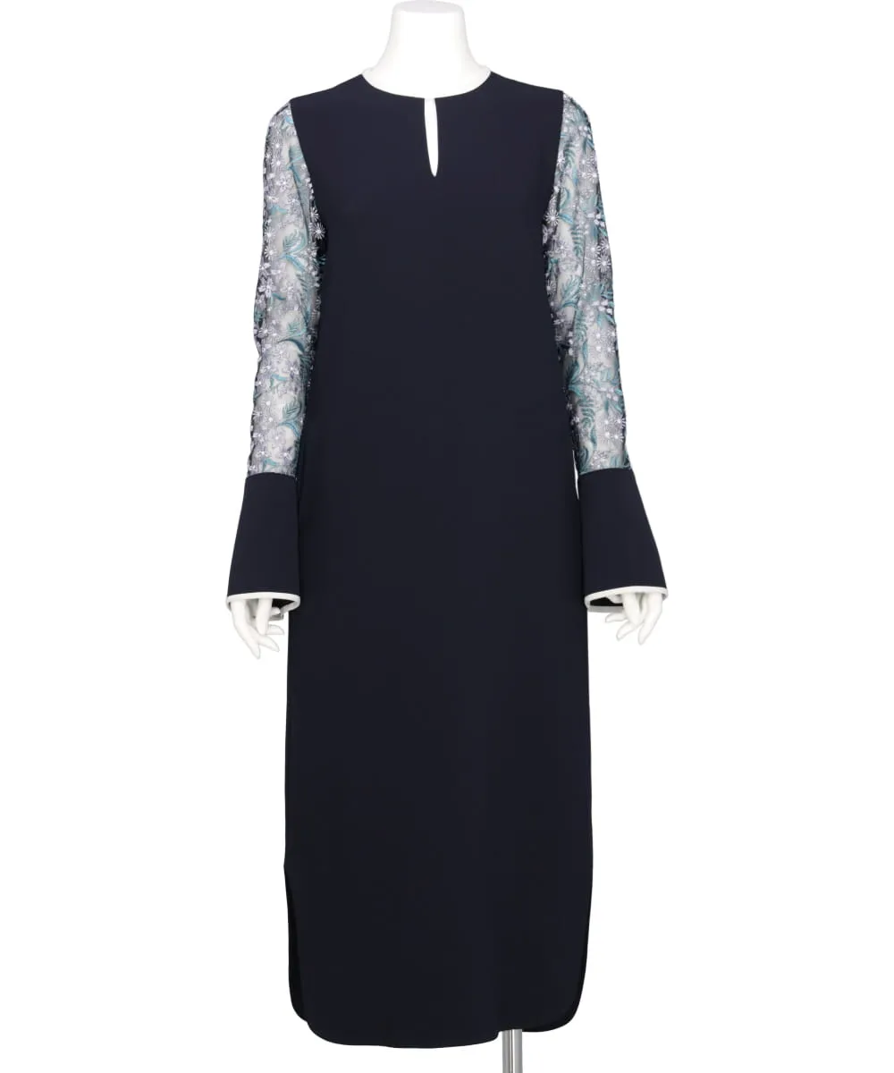 FLORAL LACE-SLEEVE CLASSIC DRESS