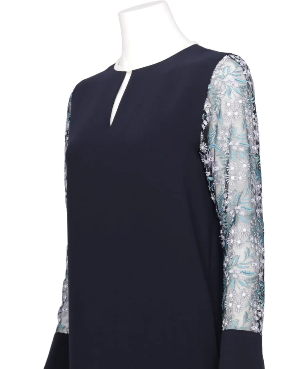 FLORAL LACE-SLEEVE CLASSIC DRESS